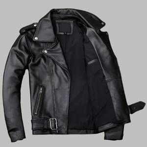 Veste en cuir véritable noire élégante et ajustée pour homme, veste de moto classique avec ceinture à la taille, fermeture éclair sur le devant et design personnalisé - Product Image 2