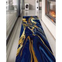 Marineblauer Marmor-Wollteppich mit Goldschimmer-Patchwork, Umweltfreundlich, Traditionell, Mittlere Dicke, Latex-Rückseite