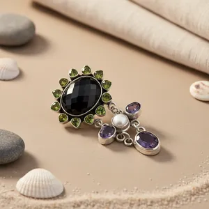 Pendentif Fleur en Argent 925 Art Palace avec Onyx Noir et Pierres d'Améthyste Serties Clos, Style Vintage, Bijoux de Fiançailles pour Femme - Product Image 2