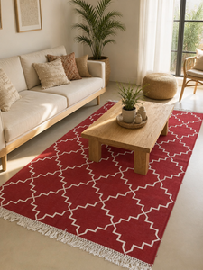 Tapis de couloir Kilim indien fait main en coton tissé plat, rouge, géométrique, moderne, hexagonal, épais, avec franges, pour salon et couloir - Product Image 5