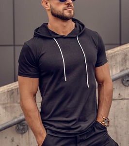T-shirt à capuche à manches courtes avec logo personnalisé pour hommes, col rond, motif imprimé, manches courtes, design uni, vente en gros - Product Image 4