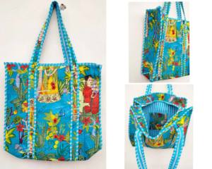 Azure Blue Indian Art Quilted Tote Bag - Artisan Handmade Sustainable <b>Handbag</b> - Product Image 3