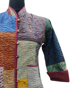 Veste courte respirante à manches longues avec patchs Kantha et boutons décoratifs pour l'automne, l'hiver et le printemps - Product Image 3