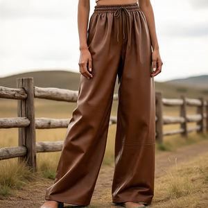 Pantalones largos de cuero de oveja con cordón elástico de pierna ancha para mujer, pantalones holgados de alta calidad para mujer, pantalones de cuero genuino - Product Image 5