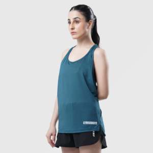เสื้อกล้ามออกกำลังกายผู้หญิง Breeze Fit แบบลำลอง ความยาวสั้น คอแบบผูก ผ้าถักระบายอากาศ สีเขียวอมฟ้าเข้ม  โลโก้แบบกำหนดเอง  ลาย 3 มิติ ด้านหน้า - Product Image 1