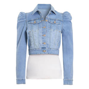 Customized Women <b>Jeans</b> Jacket Top Cotton Stretch Puff Sleeve Light Blue Short Length Acid Wash <b>Jean</b> Jacket Size 10 12 14 16 8 - Product Image 2