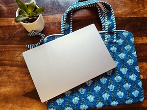 100% Pure Cotton Quilted Durable Business Laptop <b>Case</b> Handmade 15"-17" Protector Bag Light Blue Floral Print Fit Protection - Product Image 4