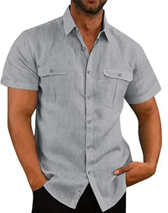 Coton lin Offre Spéciale hommes chemises à manches courtes été couleur unie confort col décontracté plage Style grande taille hommes chemises M-5XL - Product Image 1