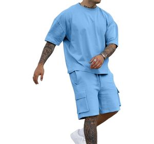 Ensemble sweat-shirt et short à col rond personnalisé pour hommes Survêtement en coton mélangé avec logo thermique pour les saisons d'été et d'hiver - Product Image 1