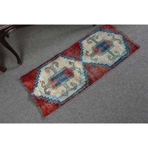 พรมขนแกะแฮนด์เมดสีแดงสีน้ำเงินแบบคลาสสิก1.5 x 3.4ft พื้นที่ขนาดใหญ่แบบตุรกีพรมยางขนาด10มม. สำหรับห้องโถง - Product Image 2