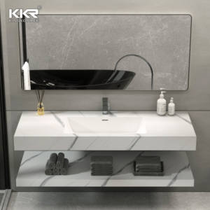 Lavabo in Marmo Lucidato Commerciale con 2 Rubinetti, Lavandino a Vasca Sospeso per Bagno con Doppio Lavabo - Product Image 1