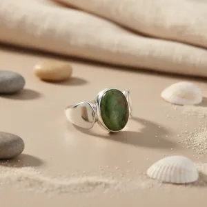 925 <b>Silver</b> Cluster <b>Ring</b> with Green Gemstone Women's <b>Statement</b> Geometric Fine Jewelry Rhodium Plated Platinum Cut Stone - Product Image 1