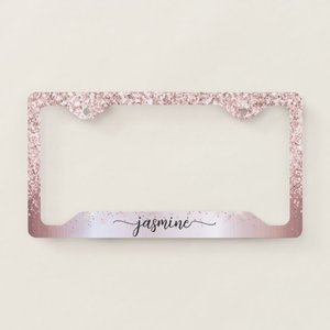 Cadre de plaque d'immatriculation avec inscription scintillante rose doré et rose poudré pour fille - Product Image 1