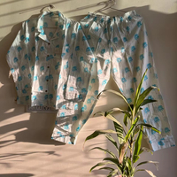 Ensemble de pyjama pour femmes, luxe, 100% coton biologique, col en V, manches longues, doux, respirant, imprimé floral turquoise, sexy, décontracté, avec cordon de serrage