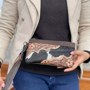 New Stylish Real Handmade Hair on Hide Tooled Fur Leather Wristlet Clutch Hot Selling Women Designed Hand Painted Zipper Pouches - Product Image 2