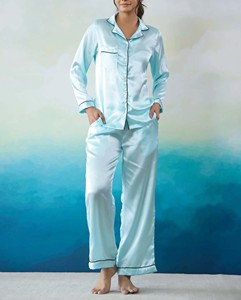 Conjunto de pijama de satén para mujer, ropa de dormir de manga larga, dos piezas, ropa de estar suave con botones, pijamas con logotipo personalizado - Product Image 3