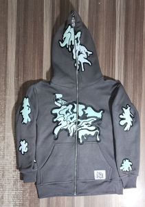 Sweat à capuche en polaire vintage à fermeture éclair surdimensionné Streetwear Edge Damage Snow Wash Design Winter Lined Hooded Digital Patchwork Hoodie - Product Image 3