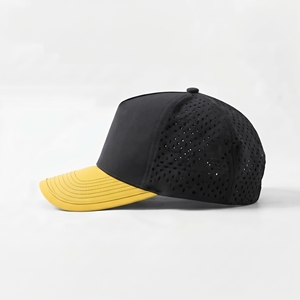 Casquette personnalisée perforée au laser, noire et jaune, en maille, réglable, six panneaux, décontractée, respirante, imperméable, impression sérigraphique, unisexe - Product Image 2