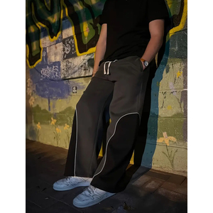 En gris con contraste de color negro Moda Streetwear Pantalones de chándal holgados, pantalones de mezcla de algodón de ajuste relajado - Product Image 4