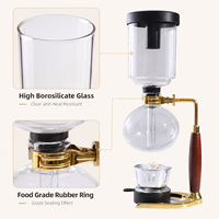 Cafetière à siphon en verre borosilicate avec poignée en bois et cadre doré, préparation manuelle, coffret cadeau