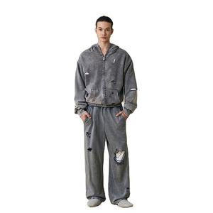 Fait sur mesure 2pc ensembles pour hommes lavage à l'acide Streetwear fermeture éclair ensembles vêtements pour hommes poids lourd en détresse deux pièces survêtement pour hommes - Product Image 5