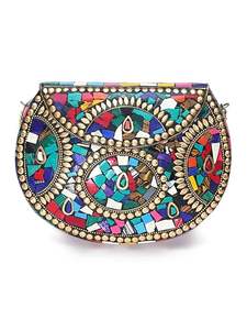 Elegant Mosaic Bohemian <b>Clutch</b> <b>Bag</b> Handmade Antique Ethnic Design with Metal Chain At Lowest Price By HF CRAFTS - Product Image 4