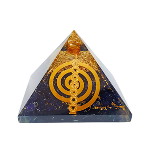 Blue Goldstone <b>Orgonite</b> <b>Pyramid</b> with Chakra Symbol Carved Engraved Portable Sculpture - Product Image 1