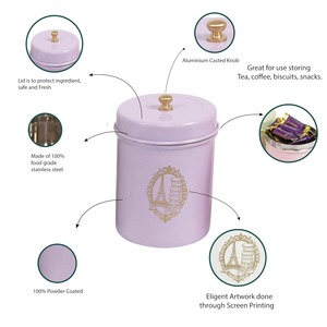 โถเก็บของสแตนเลสสีม่วง ลายปารีส พร้อมฝาปิดสีทอง สไตล์วินเทจฝรั่งเศส รูปทรงกระบอก - Product Image 5