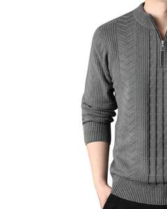 Manufacturer Customized <b>Mens</b> <b>Quarter</b> <b>Zip</b> Knit <b>Sweater</b> Solid Grey Textured Chevron Pattern Warm Winter Casual Pullover OEM Custom - Product Image 2