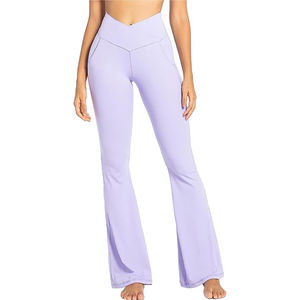 OEM <b>Women</b> Ribbed Yoga Pants <b>Flare</b> Style | High Waist Gym <b>Leggings</b> Manufacturer High Waist Workout Pants with Pocket - Product Image 1