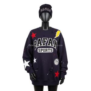 Sudadera Extra Grande para Mujer, Tejido de Felpa, Azul Marino con Diseños de Estrellas y Patchwork, Bordado con Logotipo Personalizado, Sudaderas Transpirables para Mujer - Product Image 1