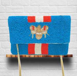 Pochette à chaîne bleu Turquoise rayé avec perles d'abeille - Product Image 1