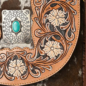 Handmade Cowhide Leather <b>Fringe</b> Crossbody <b>Bag</b> with Floral Tooled Design Turquoise Concho Western Boho Style for Women - Product Image 4