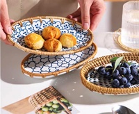Basquete redondo tecido de bambu, cesta rattan w pendurada decoração com superfície de cerâmica com vários padrões tamanho 19cm, 16cm e 13cm feita à mão no vietnã
