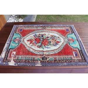 Turkish Rug, Area 4.5x6 ft Vintage Rug, <b>Red</b> Blue Polka dot <b>Wool</b> Rug - Product Image 3