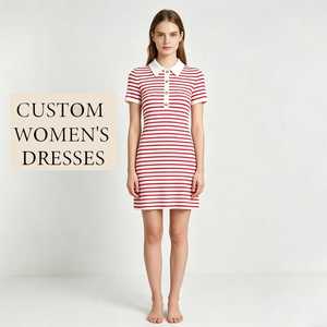 Abito da Donna Personalizzato a Righe <span class=keywords><strong>Breton</strong></span> Rosso e Bianco con Colletto Polo e Bottoni Dorati, Manica Corta, Mini Abito OEM ODM Etichetta Privata - Product Image 1