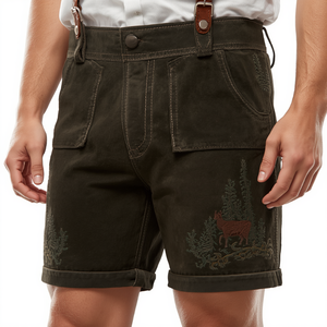 Pantalones Cortos Bávaros de Gamuza Verde Oliva Oscuro Personalizados, Pantalones Cortos de Cuero Tradicionales Bordados para Oktoberfest, Fabricante OEM - Product Image 1