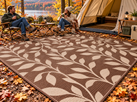 Tapis de camping tissé en polypropylène Leaf Trail, résistant à l'humidité, avec envers enduit de PVC, à poils ras, marron crème, pour plage et extérieur