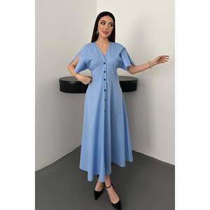 Vestido midi de popelina azul con botones - Azul - Product Image 2