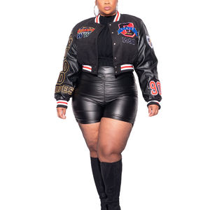 Veste universitaire tendance grande taille avec des patchs brodés colorés, design noir élégant, coupe douce, parfaite pour le streetwear sportif chic - Product Image 2