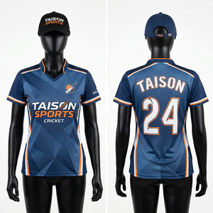 Maillot de cricket pour femmes, qualité professionnelle, 155 GSM, micro-mesh polyester respirant, bleu et orange, empiècements contrastés, sublimation par transfert thermique - Product Image 1