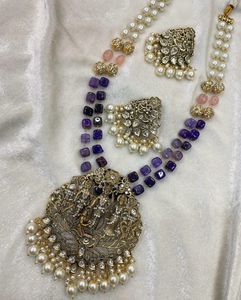 Conjunto de collar largo de matrimonio de joyería de templo nupcial de moda de fabricante indio con pendientes para mujer encanto listo para enviar - Product Image 5