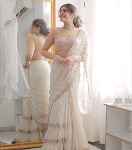 Trắng Ấn Độ Bollywood người nổi tiếng ưa thích vải thêu với áo Sari mới nhất độc quyền <span class=keywords><strong>Saree</strong></span> dân tộc áo cưới thiết kế - Product Image 3