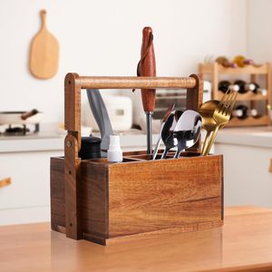 Porte-ustensiles en bois d'acacia avec poignée | Porte-ustensiles et organisateur en bois avec 4 compartiments | Porte-ustensiles pour couverts - Product Image 4