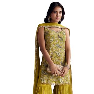 Traje de Sharara con estampado de Paisley amarillo con bordado de Zari Dupatta para mujer traje de invitado de fiesta de boda indio tradicional - Product Image 4