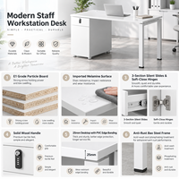 Bureau d'étude moderne blanc avec panneau de 25 mm, meuble mobile à trois sections coulissantes, structure en acier pour petit bureau ou espace personnel