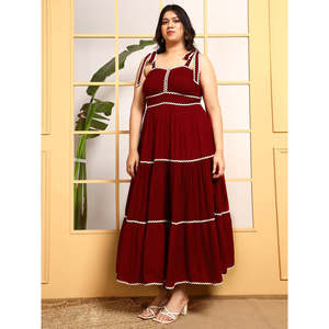 Deebaco Women's Plus Size Maroon Tiered <b>Maxi</b> <b>Dress</b> With Spaghetti <b>Straps</b> A-Line Silhouette Solid Color Floor-Length Casual <b>Dress</b> - Product Image 3