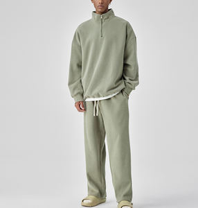 Personalizado de los hombres de lana de algodón cuarto de cremallera pulóver sudadera pantalones de chándal de manga larga media cremallera bordado contraste de color chándales - Product Image 1