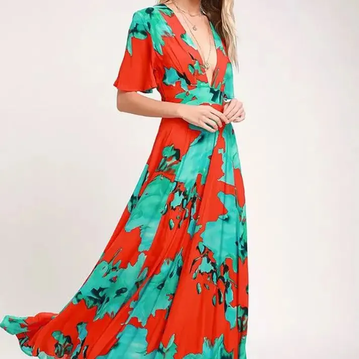 Vestido longo maxi com botão floral estampado cor misturada vestido de chiffon para presente feminino para ela