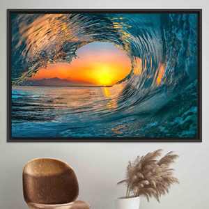 Impression sur toile Sunset Wave : élégante décoration murale de paysage marin, option verre trempé, toile encadrée noire - Product Image 1